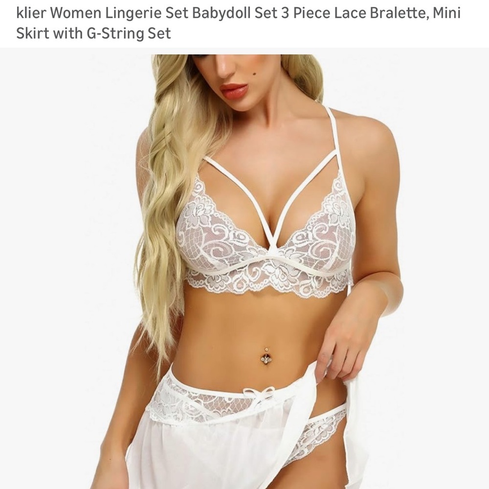 White Lace 3-Piece Lingerie Set Bralette Mini Skirt G-String